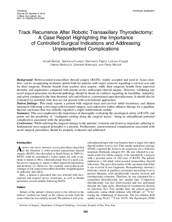 (PDF) Track Recurrence After Robotic Transaxillary Thyroidectomy; A ...