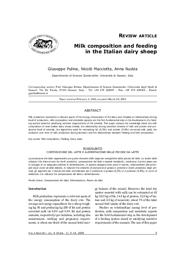 (PDF) Milk composition and feeding in the Italian dairy sheep G