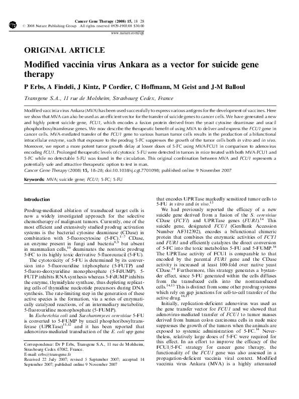 (PDF) Modified vaccinia virus Ankara as a vector for suicide gene ...