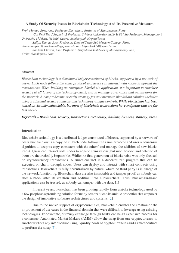 (PDF) A Study Of Security Issues In Blockchain Technology And Its ...