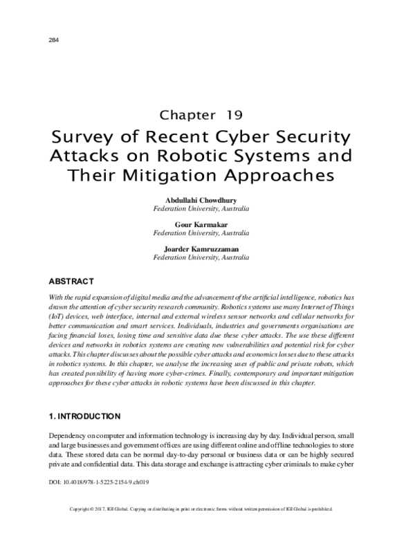 (PDF) Survey of Recent Cyber Security Attacks on Robotic Systems and ...