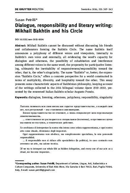 (PDF) Dialogue, responsibility and literary writing: Mikhail Bakhtin ...