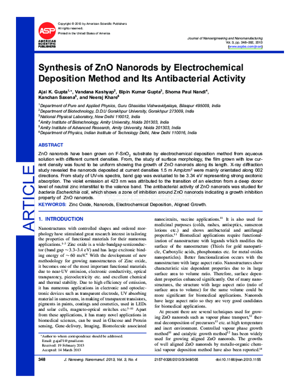 (PDF) Synthesis of ZnO Nanorods by Electrochemical Deposition Method ...