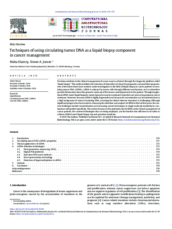 (PDF) Techniques of using circulating tumor DNA as a liquid biopsy ...