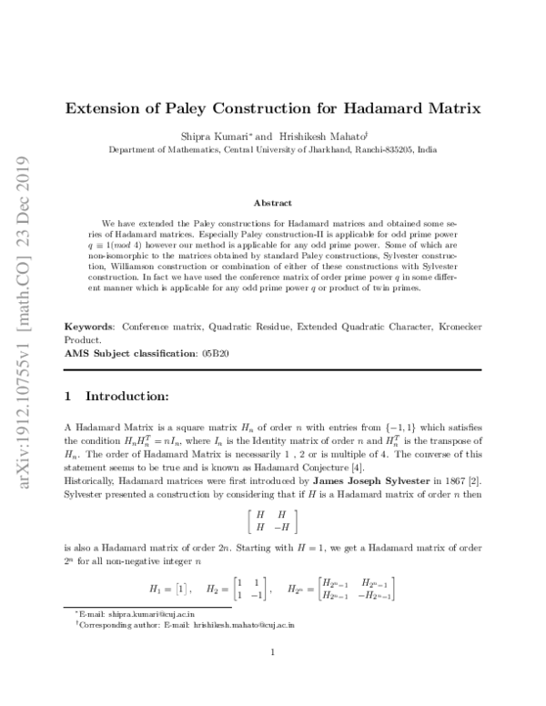 (PDF) Extension of Paley Construction for Hadamard Matrix Shipra