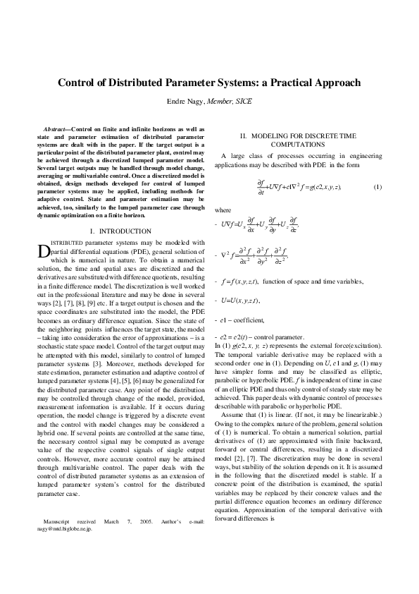 (PDF) Control of Distributed Parameter Systems : a Practical Approach