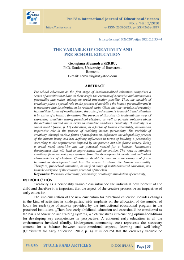 (PDF) The Variable of Creativity and Pre-School Education