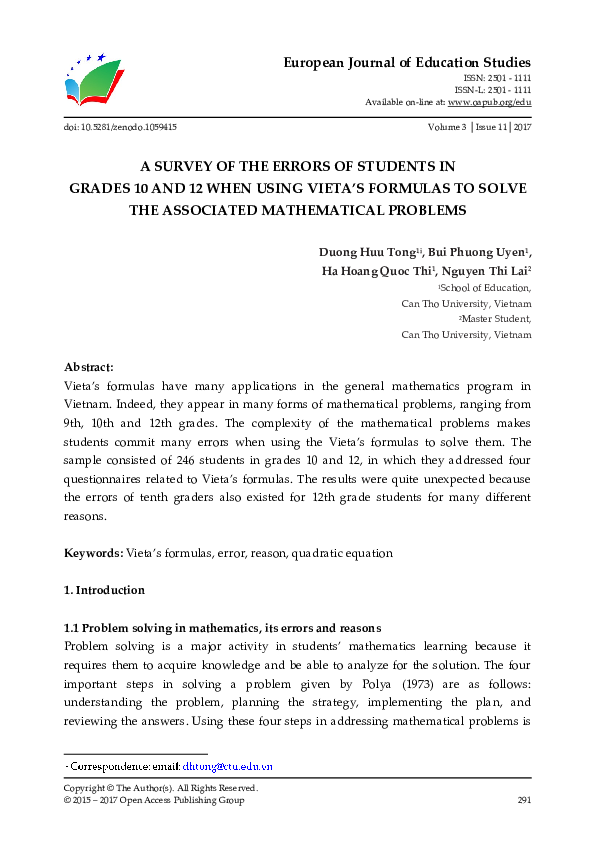 (PDF) A Survey of the Errors of Students in Grades 10 and 12 When Using ...