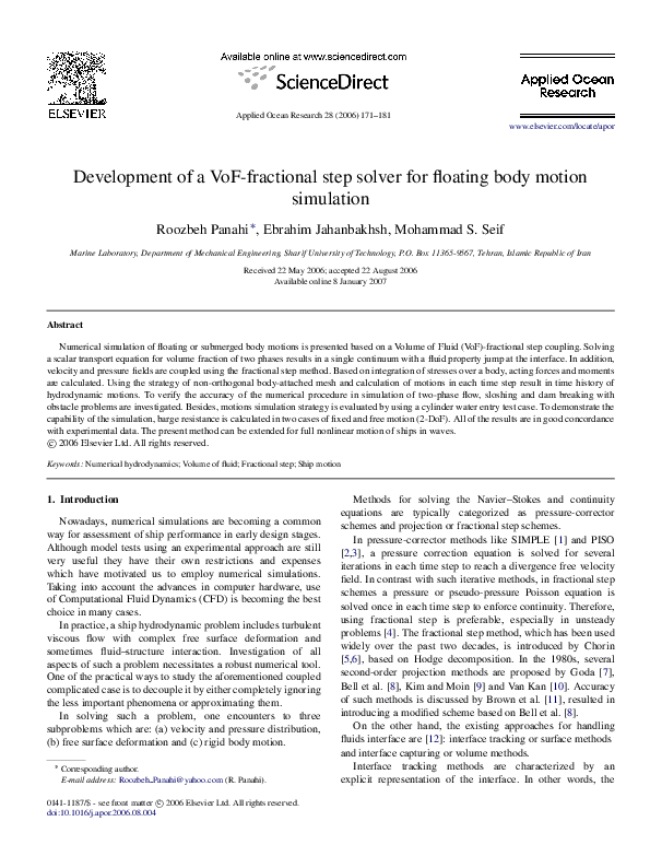 (PDF) Development of a VoF-fractional step solver for floating body ...