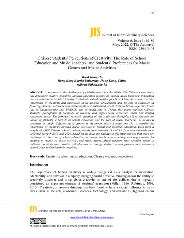 (PDF) Chinese Students" Perceptions of Creativity: The Role of School ...