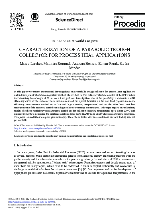 (PDF) Characterization of a Parabolic trough Collector for Process Heat ...