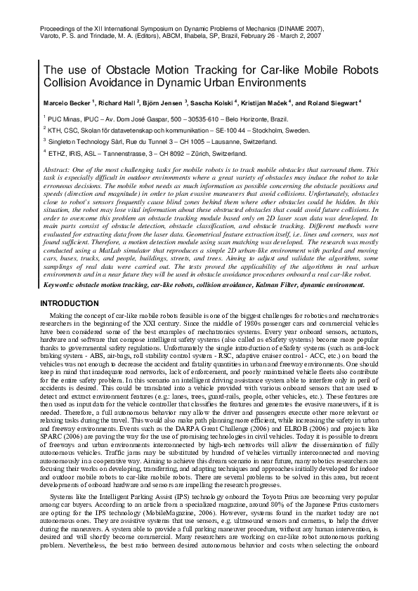 (PDF) The use of obstacle motion tracking for car-like mobile robots ...