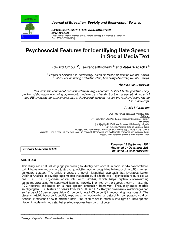 (PDF) Psychosocial Features for Identifying Hate Speech in Social Media ...