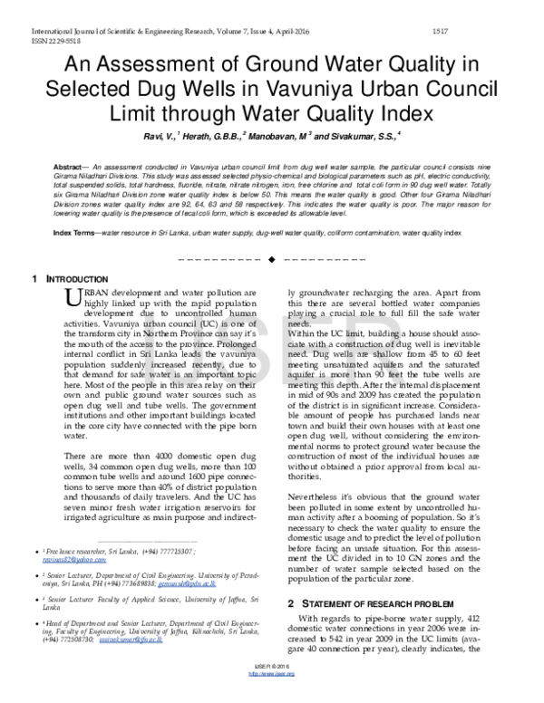 (PDF) An Assessment of Ground Water Quality in Selected Dug Wells in ...
