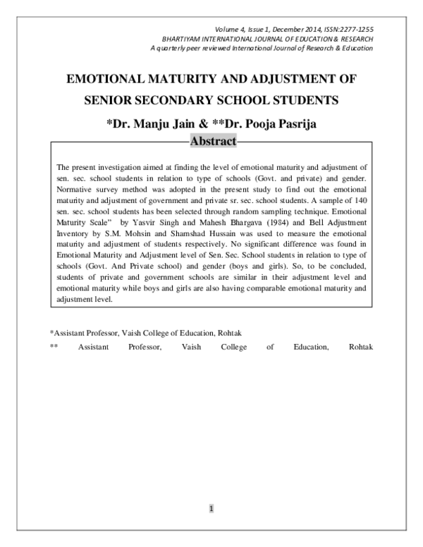 (PDF) Emotional Maturity and Adjustment of Senior Secondary School Students