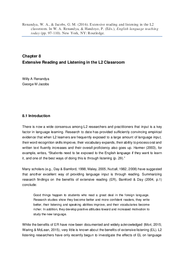 (PDF) Extensive Reading and Listening in the L2 Classroom
