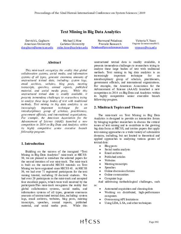 (PDF) Introduction to the Minitrack on Text Mining in Big Data Analytics