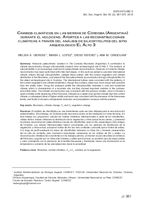 Cambios climáticos en las sierras de Córdoba (Argentina) durante el holoceno. Aportes a las reconstrucciones climáticas a través del análisis de silicofitolitos del sitio arqueológico El Alto 3