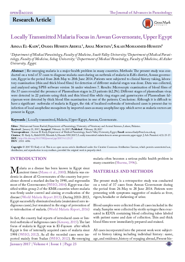 (PDF) Locally Transmitted Malaria Focus in Aswan Governorate , Upper
