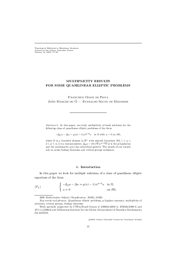 (PDF) Multiplicity results for some quasilinear elliptic problems