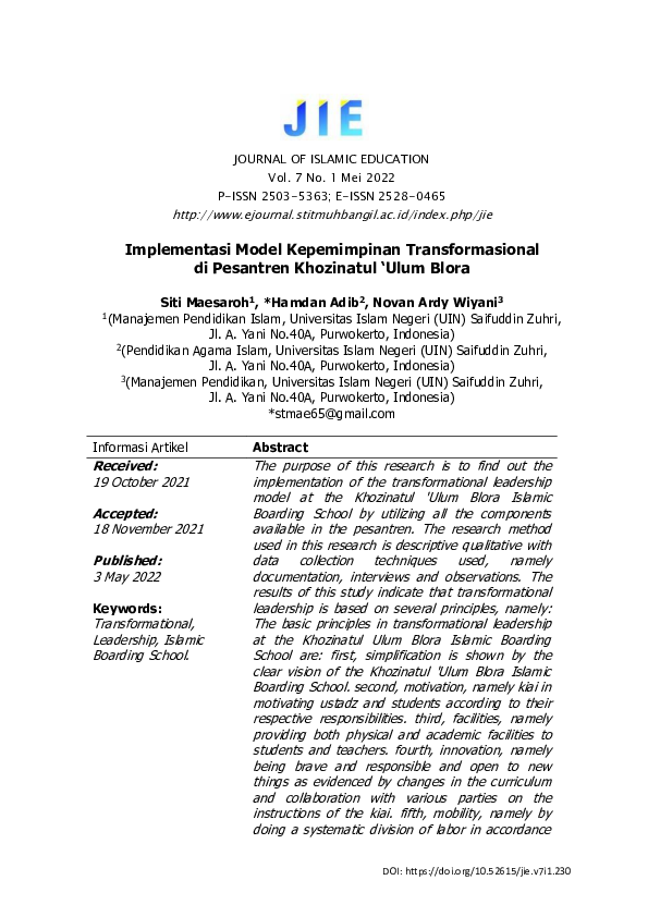 Implementasi Model Kepemimpinan Transformasional di Pesantren Khozinatul ‘Ulum Blora