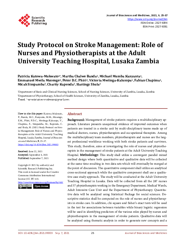 Study Protocol on Stroke Management: Role of Nurses and Physiotherapists at the Adult University Teaching Hospital, Lusaka Zambia