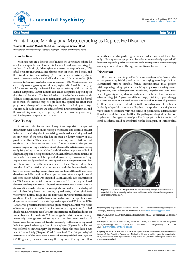 (PDF) Frontal Lobe Meningioma Masquerading as Depressive Disorder
