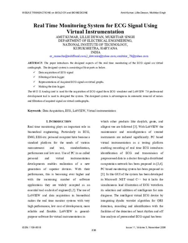 (PDF) Real Time Monitoring System for ECG Signal Using Virtual ...