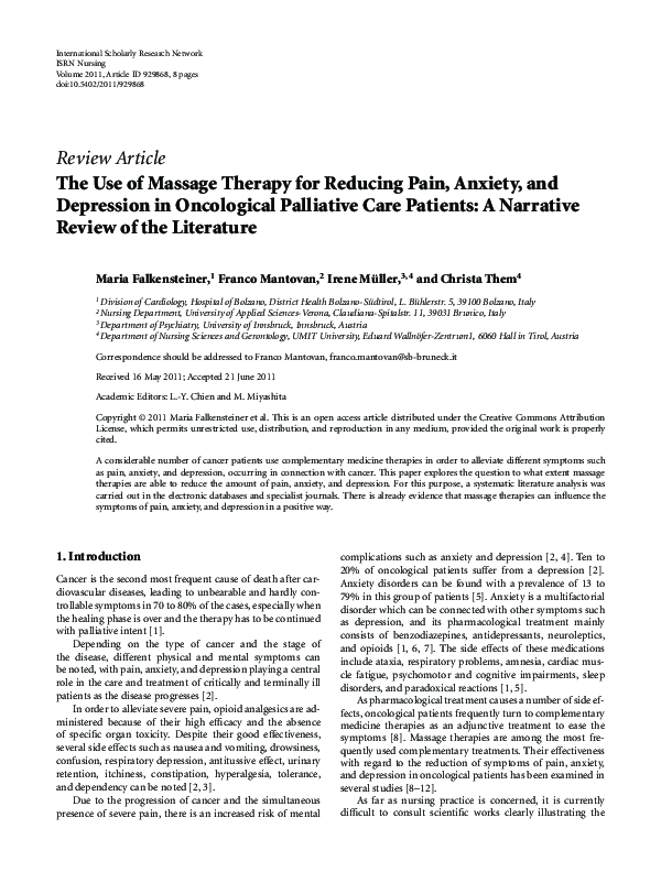 (PDF) The Use of Massage Therapy for Reducing Pain, Anxiety, and ...