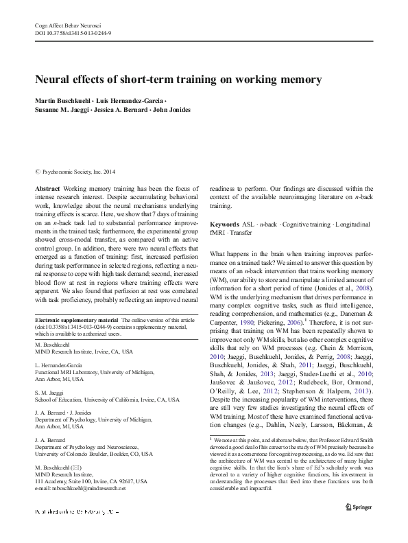 (PDF) Neural effects of short-term training on working memory