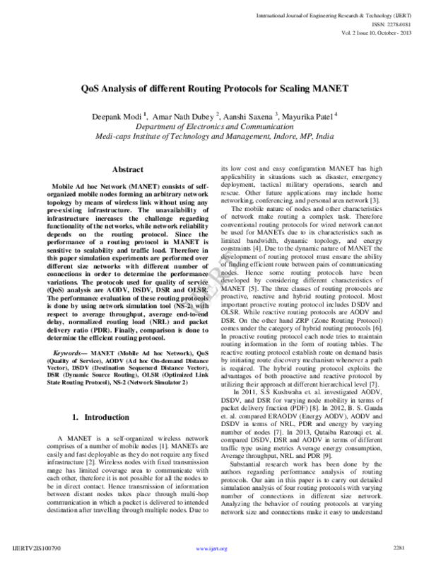 (PDF) QoS Analysis of different Routing Protocols for Scaling MANET