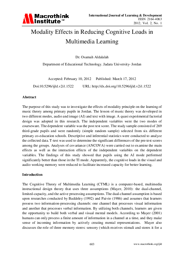 (PDF) Modality Effects in Reducing Cognitive Loads in Multimedia Learning