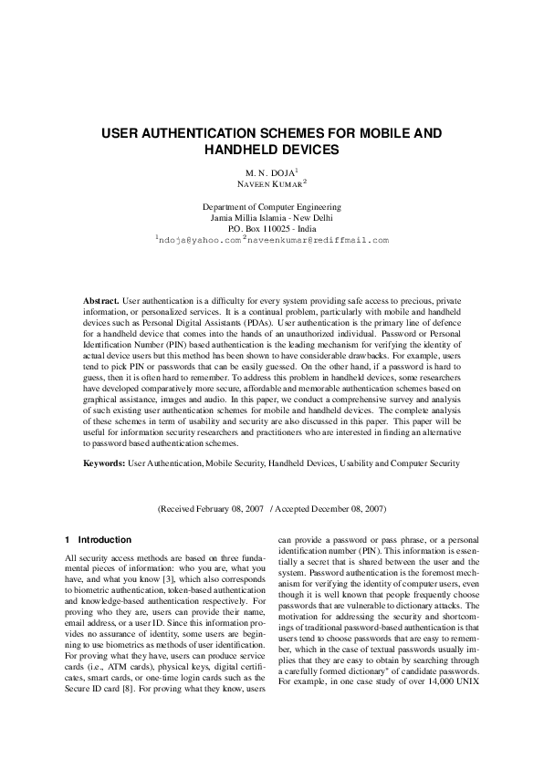 (PDF) User authentication schemes for mobile and handheld devices