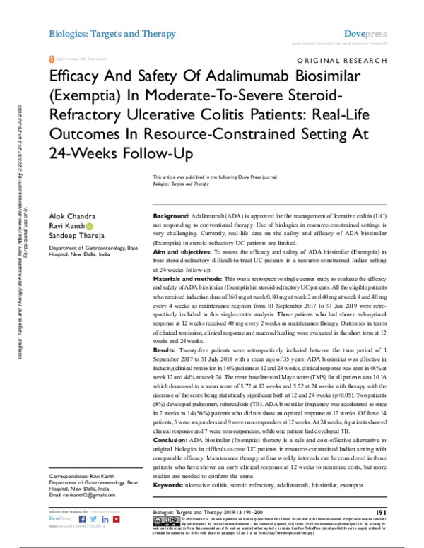 (PDF) Efficacy And Safety Of Adalimumab Biosimilar (Exemptia) In ...