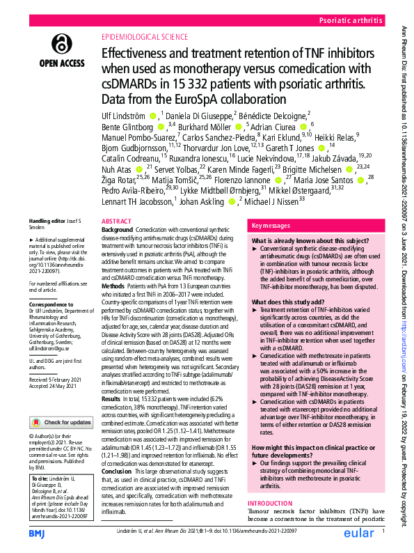 (PDF) Effectiveness and treatment retention of TNF inhibitors when used ...