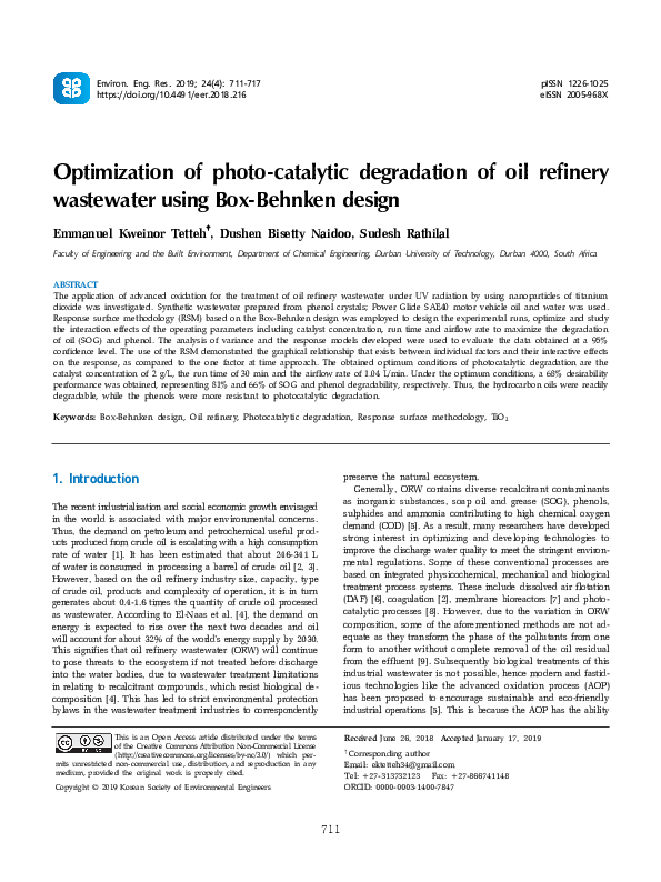 (PDF) Optimization of photocatalytic degradation of oil refinery wastewater using BoxBehnken
