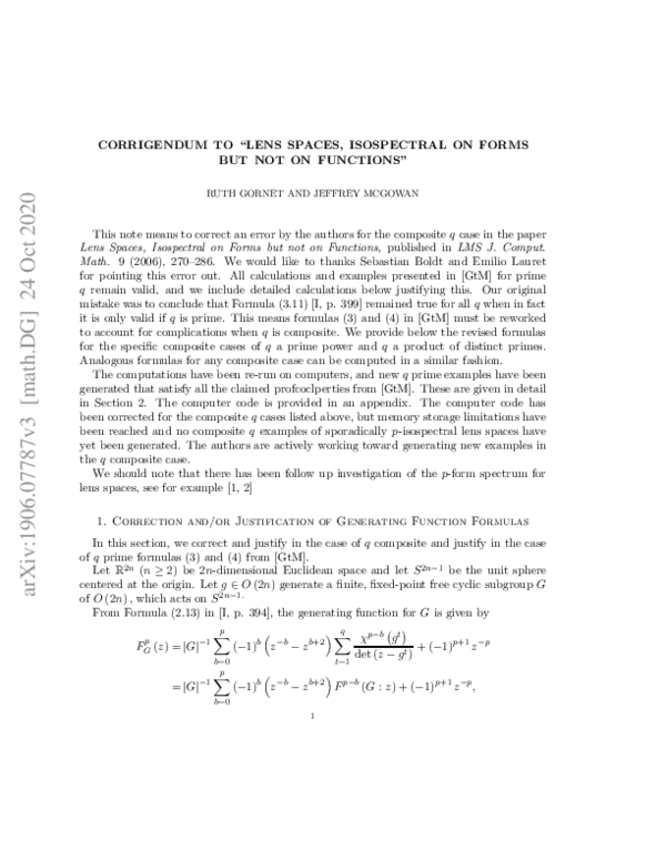 (PDF) Lens spaces isospectral on forms but not on functions