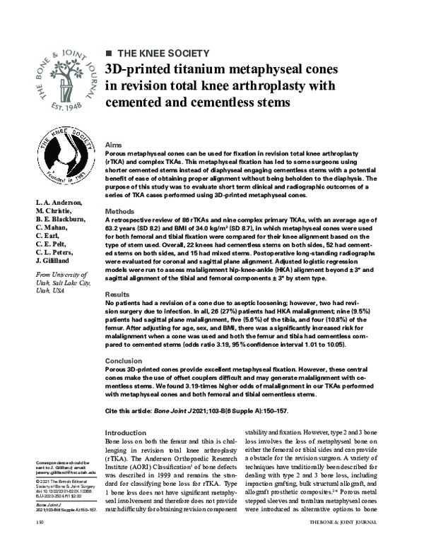 (PDF) 3Dprinted titanium metaphyseal cones in revision total knee arthroplasty with cemented