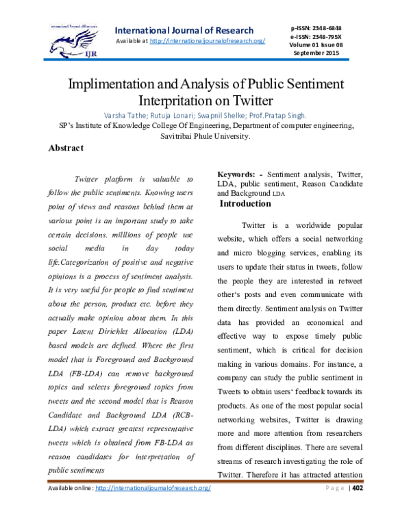 (PDF) Implimentation and Analysis of Public Sentiment