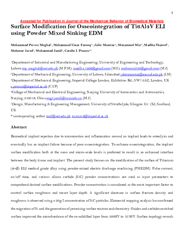 (PDF) Surface modification for osseointegration of Ti6Al4V ELI using ...