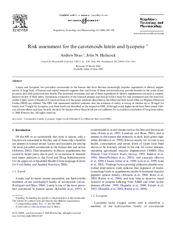 (PDF) Risk assessment for the carotenoids lutein and lycopene Andrew Shao Academia.edu