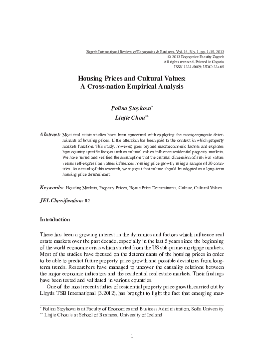 (PDF) Housing Prices and Cultural Values: A Cross-nation Empirical Analysis