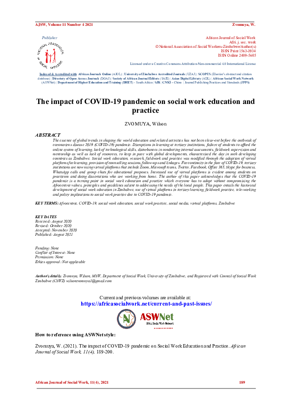 (PDF) The impact of COVID-19 pandemic on social work education and practice