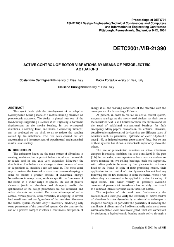 (PDF) Active Control of Rotor Vibrations by Means of Piezoelectric ...