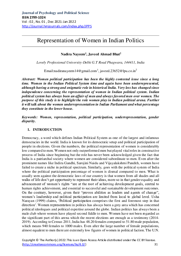 (PDF) Representation of Women in Indian Politics