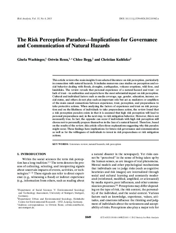 (PDF) The risk perception paradox--implications for governance and ...
