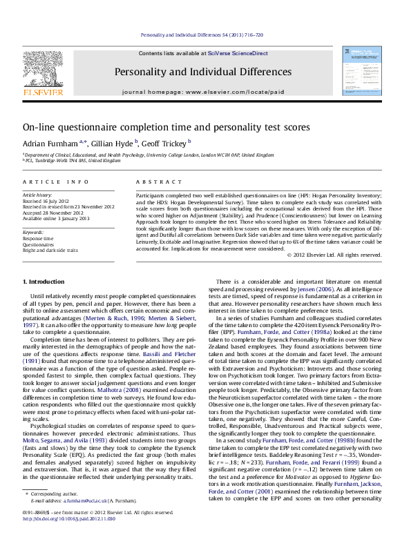 (PDF) On-line questionnaire completion time and personality test scores
