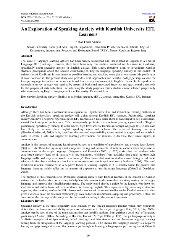 (PDF) An Exploration of Speaking Anxiety with Kurdish University EFL ...