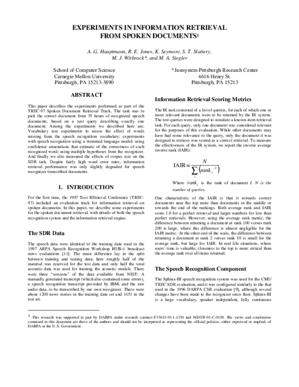 (PDF) Experiments in Information Retrieval from Spoken DOCUMENTS1