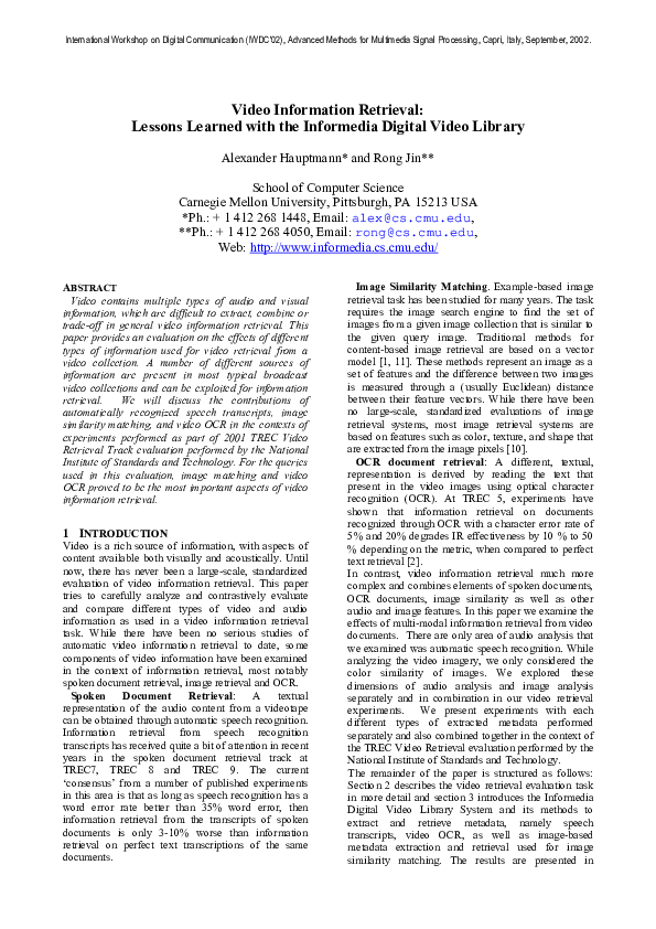 (PDF) Video Information Retrieval: Lessons Learned with the Informedia ...